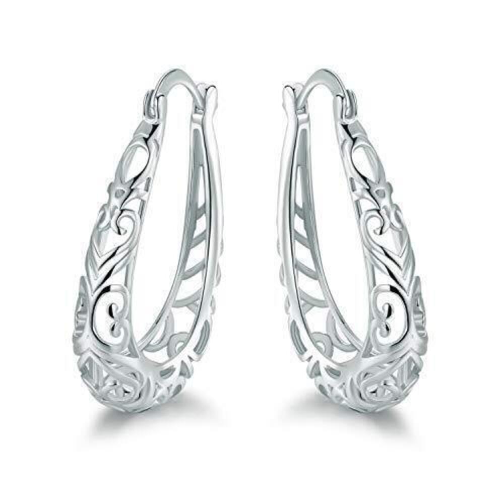 2980 18K White Gold Plated Filigree Hoop Earrings White Gold